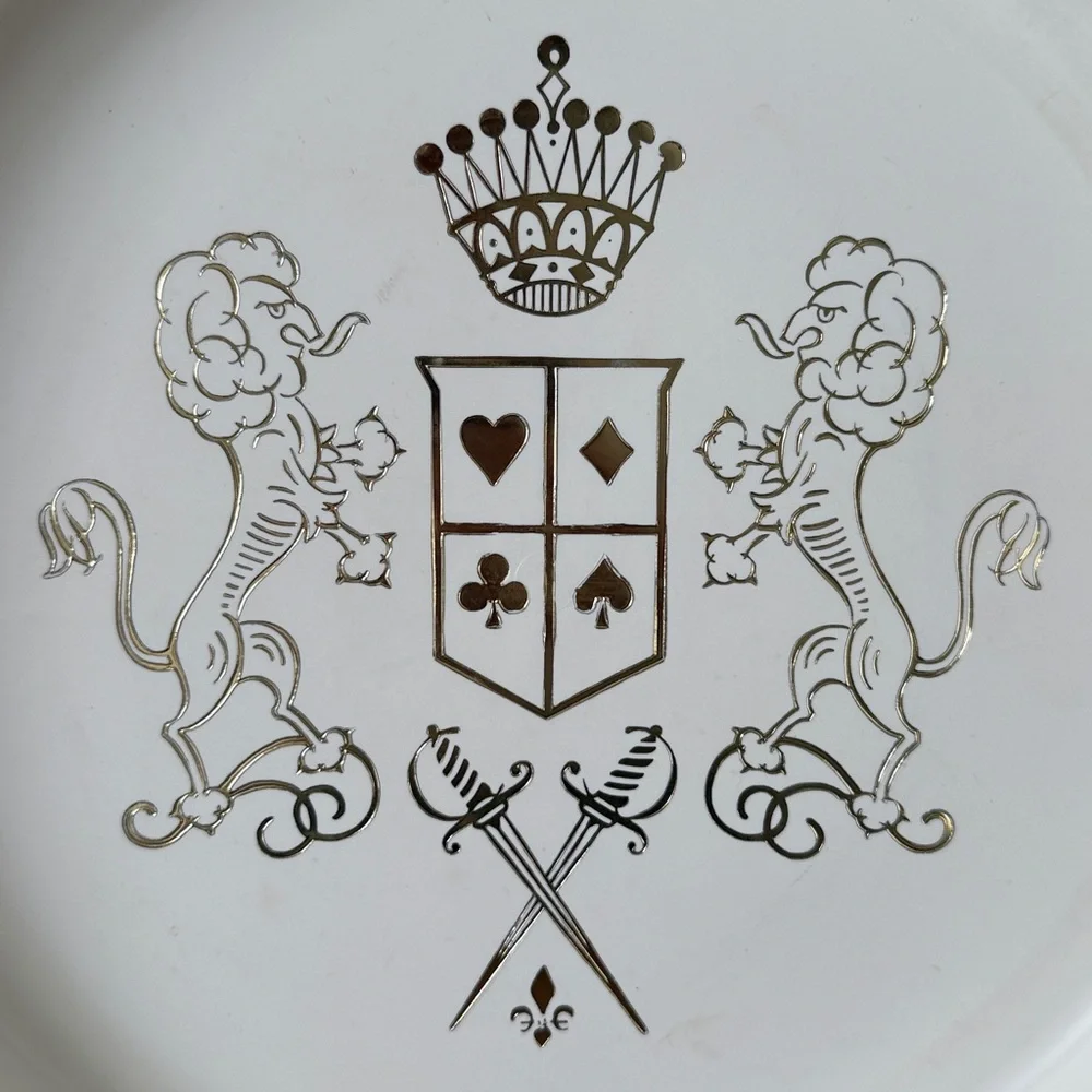 Mid Century Lions Crest Crown Gold and White Round Cocktail Bar Tray - 13”